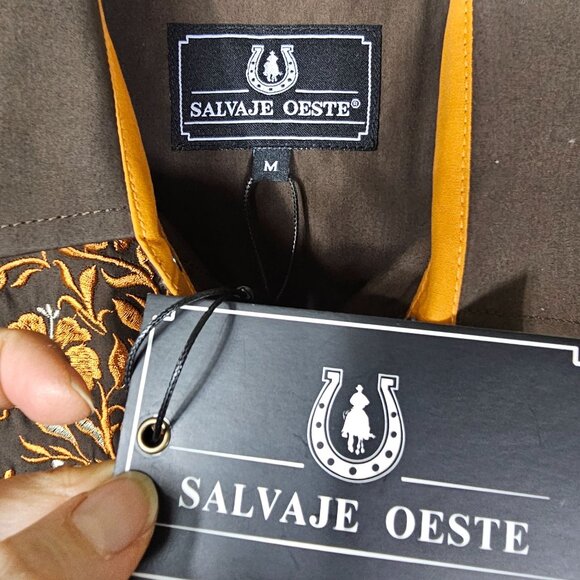 Salvaje Oeste Western Cowboy Pearl Snap Shirt M Brown Orange Embroidered Rodeo - Picture 5 of 8